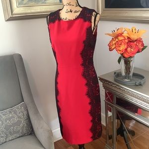 CHETTA B Red Black Lace Designer fall cocktail dress midi M 8 $210